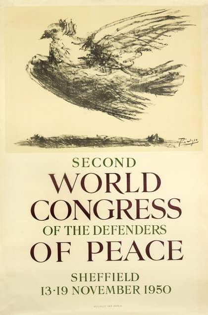 A poster featuring lettering and a drawing of a bird in profile flying just above the ground.