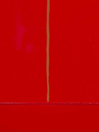 A detail of the deep red surface of Red Barn Door, showing an olive-green line running vertically from the top centre, which meets a ridge of red paint running horizontally below it.