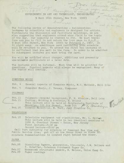 A piece of paper with typewritten text giving details of the subjects, times, location and ticketing for the Experiments in Art and Technology (E.A.T.) lectures.