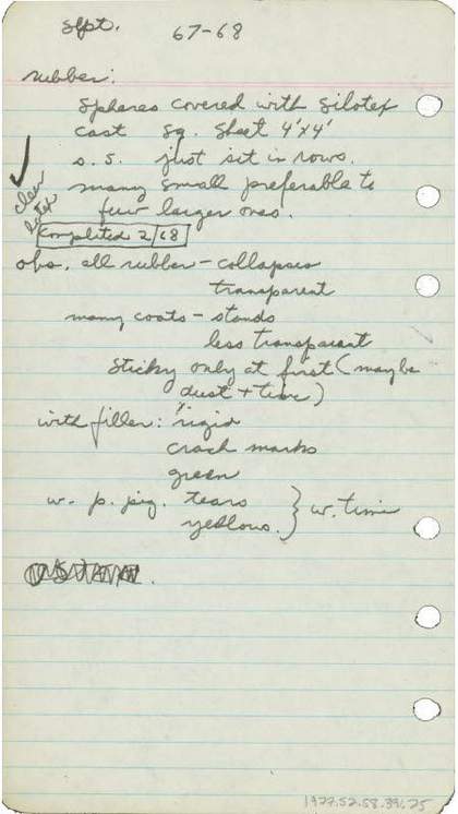 A piece of paper featuring handwritten notes on the E.A.T. lectures, including observations about rubber, clear latex and Silotex.