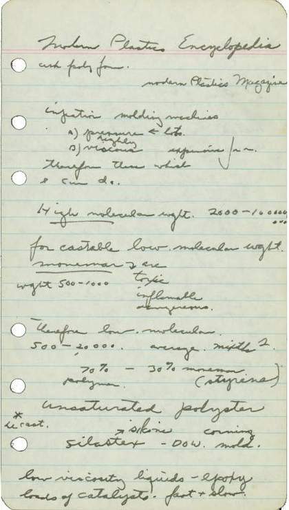 A piece of paper featuring handwritten notes on the E.A.T. lectures, including observations about the molecular weight and viscosity of certain materials.