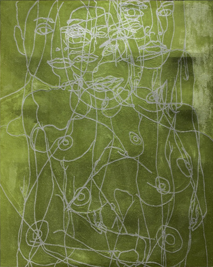 The surface of Water Painting photographed to show lighter green patches across its surface, concentrated in the top right, indicating where fatty acid efflorescence has occurred.