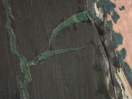 Detail from the left figure, showing green marbled with yellow paint in the layer beneath the black