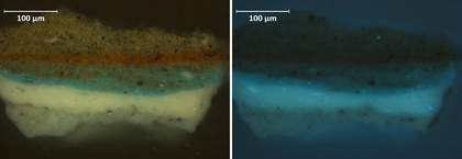 Cross-section showing grey ground, white then blue under browns of window embrasure, in visible light and ultraviolet light