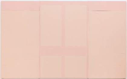 A horizontal painting featuring rectangles of various sizes, symmetrically arranged to resemble a set of doors, painted in light pink paint with a slightly darker pink background.