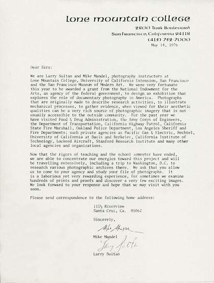 Letter from Larry Sultan and Mike Mandel to ESL Incorporated, 14 May 1976