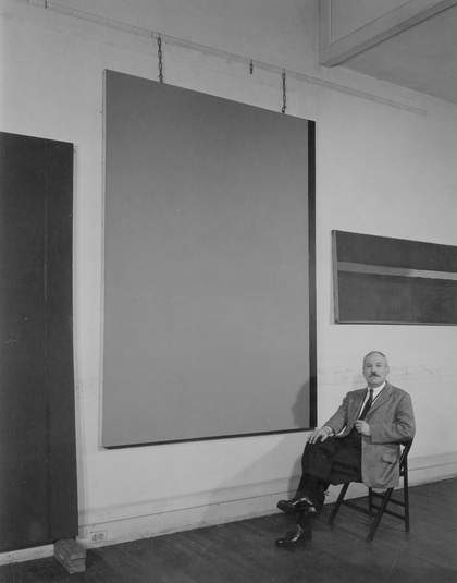 William Vandivert, Barnett Newman in his Front Street studio with Adam (left), Eve (centre) and Horizon Light (right), early 1950s