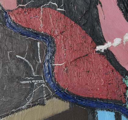 Detail showing dark blue paint of line beneath red area, and mint green of stripes in skirt