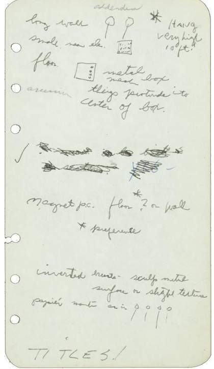 A piece of paper featuring handwritten notes interspersed with small sketches of circles, lines and grids accompanied by the word ‘addendum’.