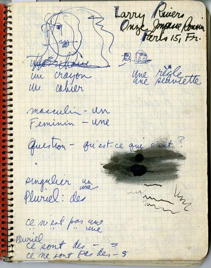 Notebook page with French language lessons and sketch, 1961