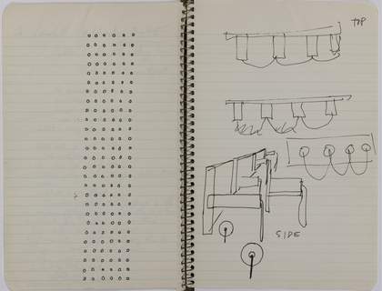 A double-page spread from a ring bound diary featuring sketches of narrow rectangles and circles with rope-like curves emerging from their centres.