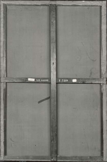 Black and white photograph from 1965 showing the reverse of the canvas and the original strainer