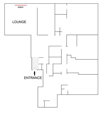 Floorplan of the Hellers’ New York apartment, showing the entrance hall and lounge, and the position of Adam on the lounge wall