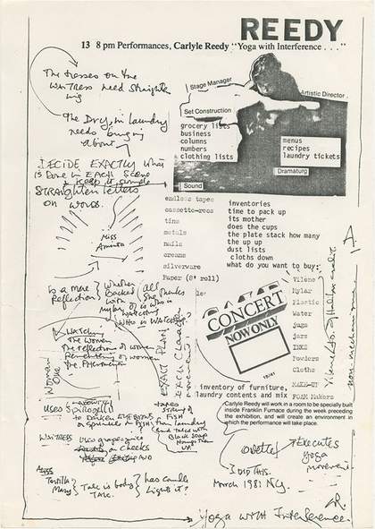 Handout from the performance Yoga with Interference by Carlyle Reedy as part of We’ll Make Up a Title When We Meet, London/LA Lab at Franklin Furnace, New York 1981