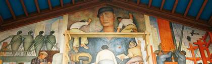 Diego Rivera Making of a Fresco, Showing the Building of a City 1931, detail showing the depiction of Viscount (Jack) Hastings and Clifford Wight