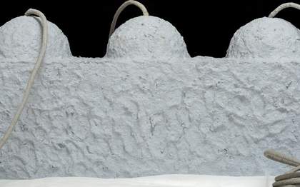 A close-up view of a whitish-grey horizontal structure with three hemispheres attached to the top of it, which has an overall surface texture featuring rounded imprints and ridges.