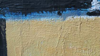 Detail showing the grey ground incompletely covered by paint for the yellow floor tiles