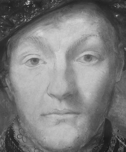 Detail in infrared light of the sitter’s face in ?British School, 'Portrait of a Gentleman' c.1545–60