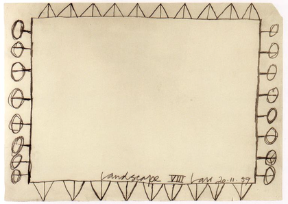 A roughly drawn rectangle on white paper with triangles and circles on sticks, to signify walls and trees around a field.