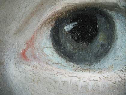 Fig.10 Detail of the sitter’s left eye, photographed at x8 magnification. Blue pigment in the eyeball