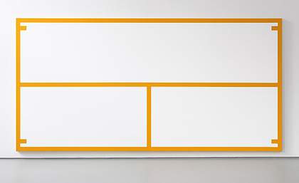 A painting with yellow lines enclosing areas of white – one large area in the top half and two smaller areas in the bottom.