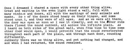 A typed excerpt from a 1972 poem by Tony Conrad that was used for the press announcement for the performance of Ten Years Alive at The Kitchen, New York, 1972