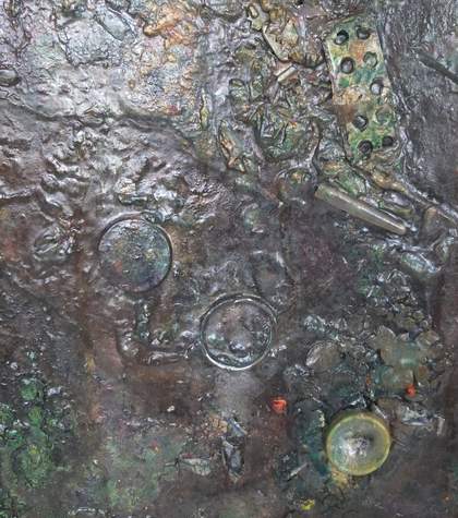Fig.16 Frank Bowling, Knightryder 2005, detail of a pill packet and plastic bottle lid embedded in the surface
