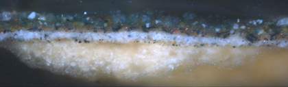 Fig.4 Cross-section through foliage at the bottom edge, photographed at x320 magnification. From the bottom up: white ground; black particles, perhaps a dark wash of paint; brownish grey priming; green paint