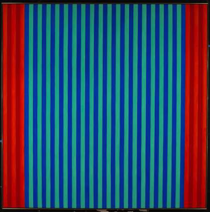 Abstract painting with vertical stripes in reds and blues