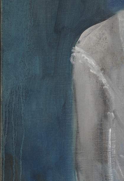 Detail of Girl in a Chemise c.1905 showing washy blue background with runs