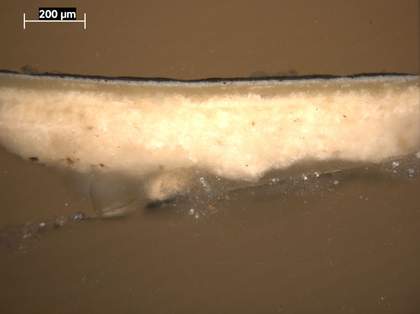 Fig.5 Cross-section through the black cloak, photographed at x100 magnification. From the bottom: white ground; opaque pale grey priming; black paint of cloak