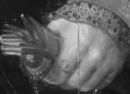  Fig.10 Infrared reflectograph detail of the sitter’s left hand, showing underdrawing