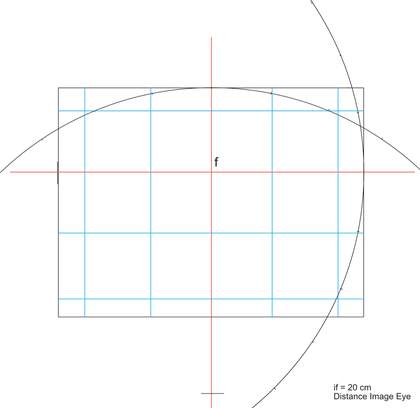 A diagram consisting of a grid with a vertical cross on it and a shallow curve connecting the upper part of the cross to its two arms.