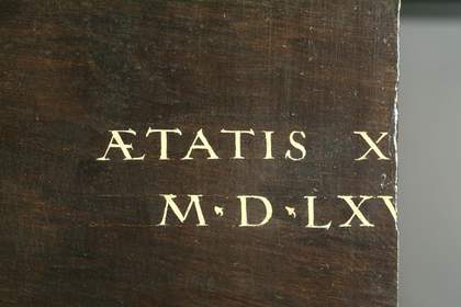 Fig.11 Detail of the background inscription, showing streakily applied dark brown paint that allows the paler underpaint to show through.