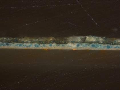 Fig.3 Cross-section from the dark green foliage at the right edge. From the bottom: very thin reddish brown layer; white ground; blue sky; dark green foliage; detailing on foliage