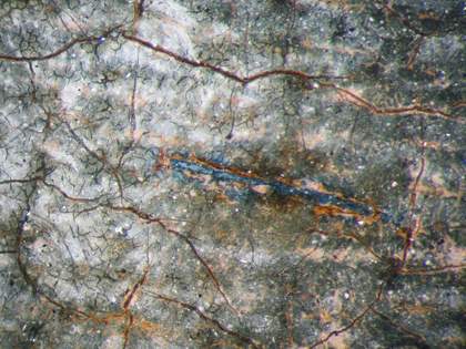 Fig.15 Detail at x8 magnification of the sash, showing a line of the original, unfaded indigo blue