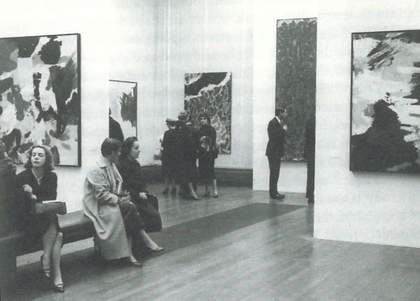 Fig.25 Installation view of The New American Painting, Tate Gallery, February – March 1959, with Sam Francis’s Composition in Blue and Black 1954–5 (centre left; private collection) and Big Red 1953 (centre right; Museum of Modern Art, New York)