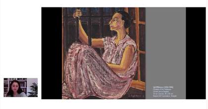 Screenshot of an online presentation, with the presenter bottom left, and a slide of an image of a figure in a pink dress, sitting at a window, right hand gripping the bars covering the window