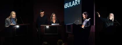 Image combining photographs of each speaker delivering their presentation onstage; each speaks from behind a lectern in the darkened cinema space at Tate Modern