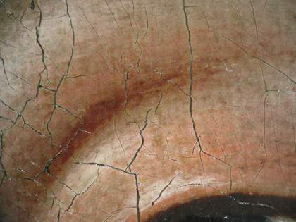 Fig.12 Detail of the crease in the eye socket at x8 magnification, showing the dark glaze for the crease applied over the ground in a reserve left in the flesh paint