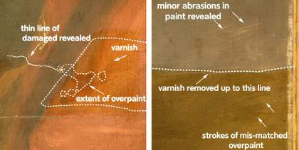 Two diagrams showing old repairs and overpaints on the artwork