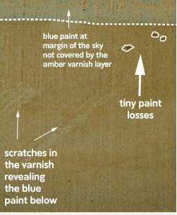 A diagram showing, in detail, scratches on the varnish of the painting