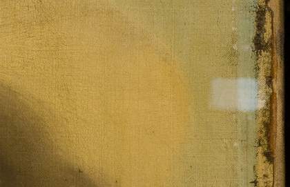 Cleaning test showing a small patch of varnish removed to reveal the paint below