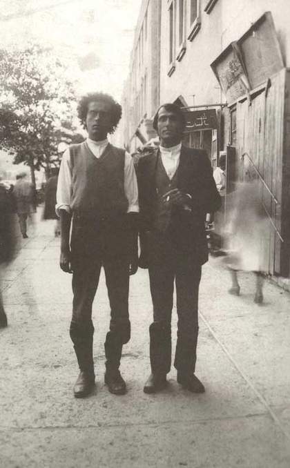 Photograph by a street photographer of Francesco Clemente with Alighiero e Boetti on the final day of their travels through Afghanistan 1974