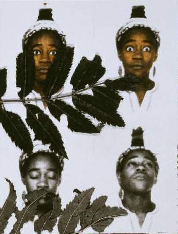 Detail showing the repeated woaman's face in Sonia Boyce's artwork From Tarzan to Rambo