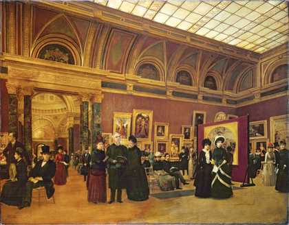 Giuseppe Gabrielli The National Gallery 1886 painting of the interior of a gallery filled with visitors in old dress 