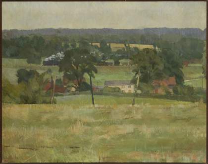 Graham Bell Suffolk Landscape 1937, green landscape watercolour