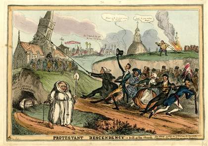 Satirical print by William Heath 'Protestant descendency, a pull at the Church' 1829