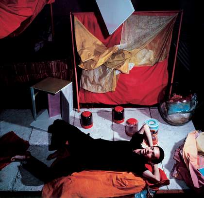 Hélio Oiticica with Bólides and Parangolés in his studio in Rio de Janeiro c.1965