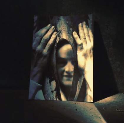 Postcard of Barbara Hepworth Against 'Megalith', John Milne's memoriam for her. Trewyn Gardens, St Ives 2014